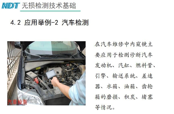 應用舉例－2 汽車檢測，在汽車維修中內窺鏡主要應用于檢測診斷汽車發動機、汽缸、燃料管、引擎、水箱、油箱等磨損、積炭、堵塞等情況
