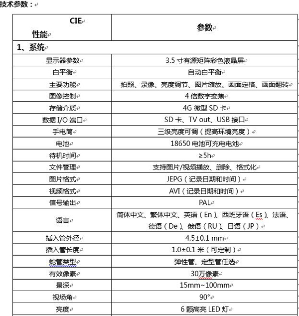 CIE便攜式汽修內窺鏡圖像控制、數據I/O接口、插入管外徑、長度等主要性能技術指標