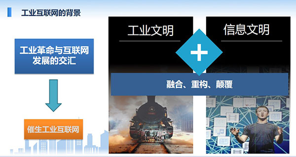 工業互聯網的背景：工業革命與互聯網發展的交匯催生出工業互聯網，工業文明加信息文明融合、重構、顛覆。