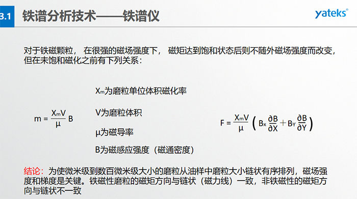 鐵譜儀中顆粒的沉積過程：含有磨粒的油樣流經磁場時，磨粒受到重力、 液體浮力、 磁場力和顆粒 下落過程中所受油液粘滯阻力的聯合作用。  重力和浮力的合力同磁場力相比是很小的，可以忽略不計，在磨粒的沉積過程中，磁場力和粘滯阻力起著決定性的作用。
