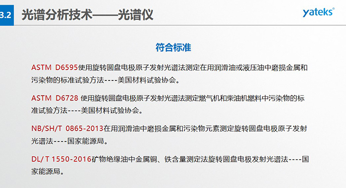 ASTM D6595使用旋轉(zhuǎn)圓盤電極原子發(fā)射光譜法測定在用潤滑油或液壓油中磨損金屬和污染物的標(biāo)準(zhǔn)試驗方法----美國材料試驗協(xié)會。   ASTM D6728 使用旋轉(zhuǎn)圓盤電極原子發(fā)射光譜法測定燃氣機和柴油機燃料中污染物的標(biāo)準(zhǔn)試驗方法----美國材料試驗協(xié)會。   NB/SH/T 0865-2013在用潤滑油中磨損金屬和污染物元素測定旋轉(zhuǎn)圓盤電極原子發(fā)射光譜法----國家能源局。   DL/ T 1550-2016礦物絕緣油中金屬銅、鐵含量測定法旋轉(zhuǎn)圓盤電極發(fā)射光譜法----國家能源局。
